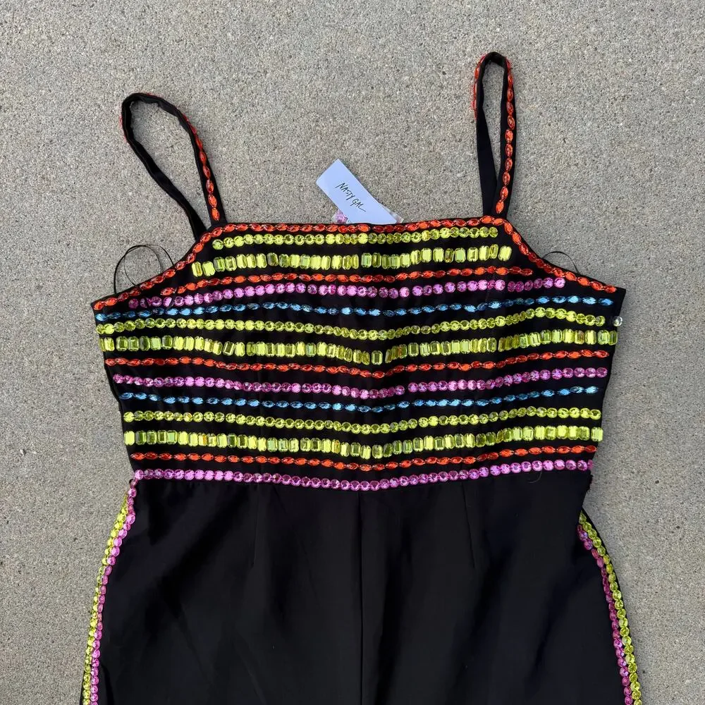 Nasty Gal Premium Black Multi Color Gem Hand Embellished Jumpsuit NWT US Size 14 - Picture 4 of 12